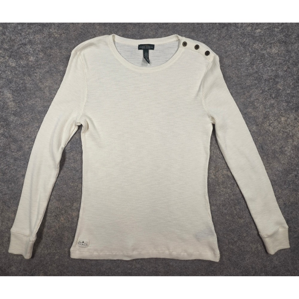 Lauren Ralph Lauren Jeans Co Cream Ribbed Thermal Button Shoulder Top Large
